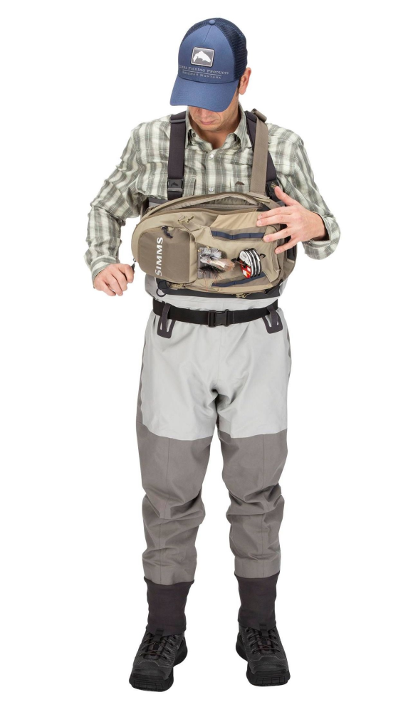 Simms Freestone Ambidextrous Tactical Sling Pack Tan Model Front Simms Freestone Ambidextrous Tactical Sling Pack Tan Model Front